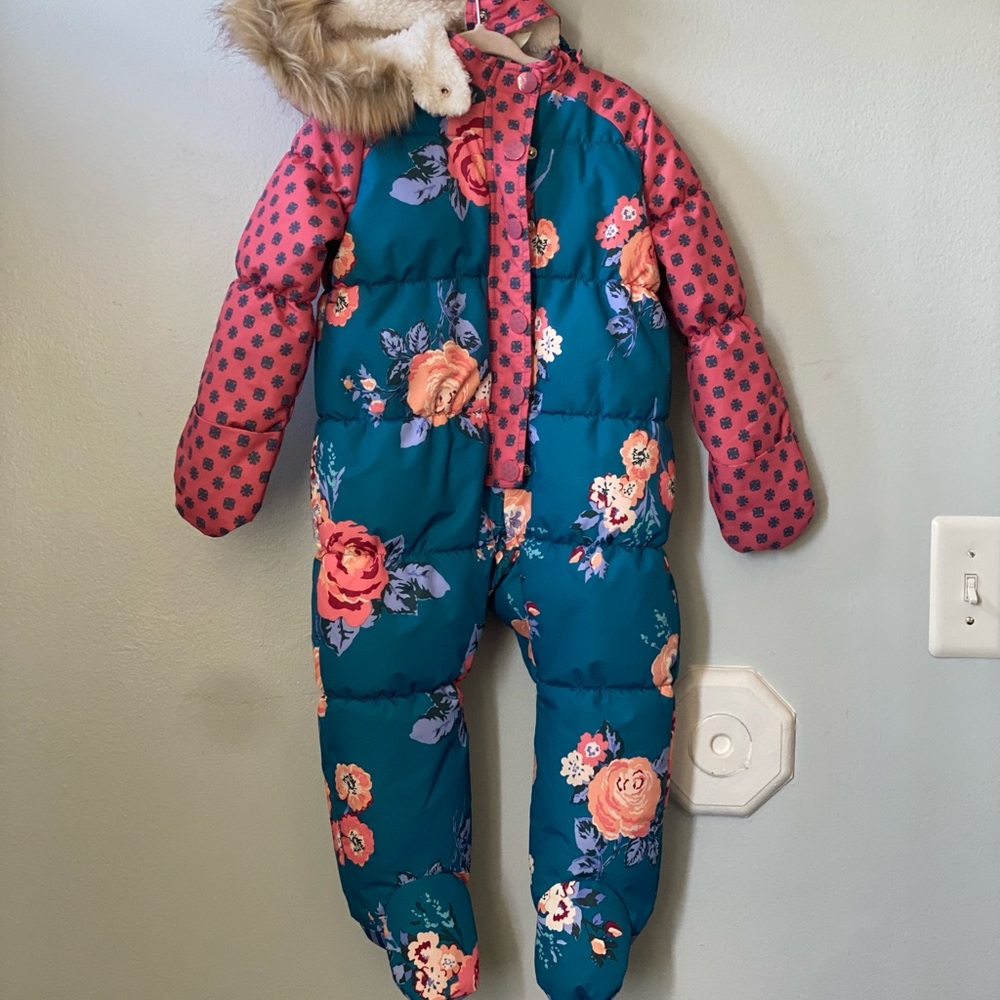 Pink and blue polka dot and floral rosy cheeks snowsuit.